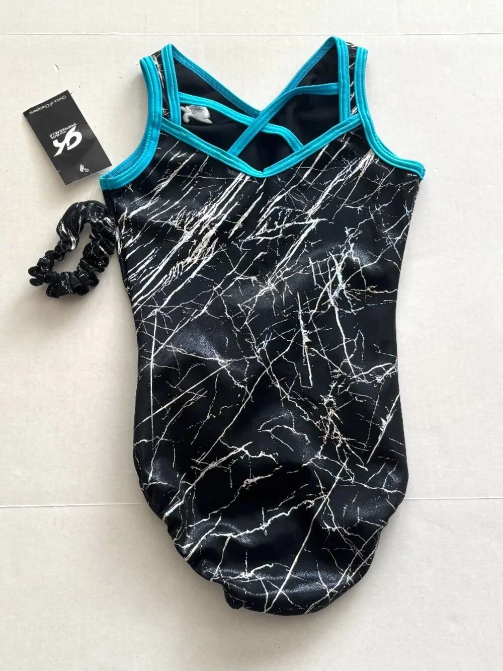 NWT GK Gymnastics Black/Blue Crackle Sleeveless Leotard with Scrunchie Size AS